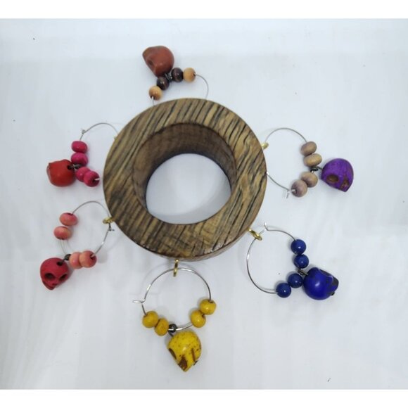 Skull Colorful Wine Glass Charms Set - 6 Themed Unique Charms With Beads & Wood - Picture 13 of 13